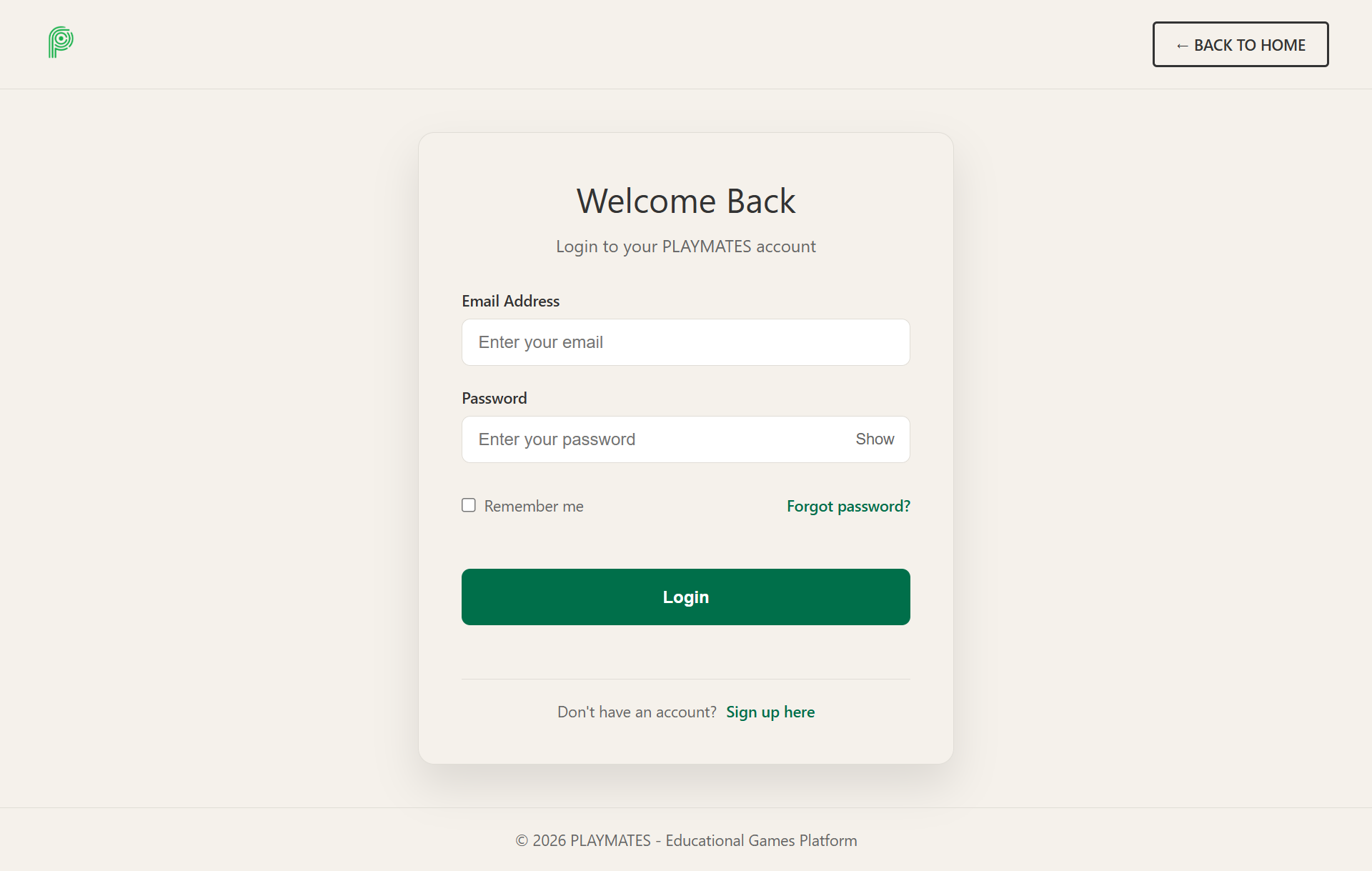 Login page