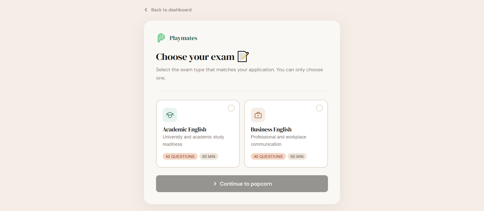 Choose exam type