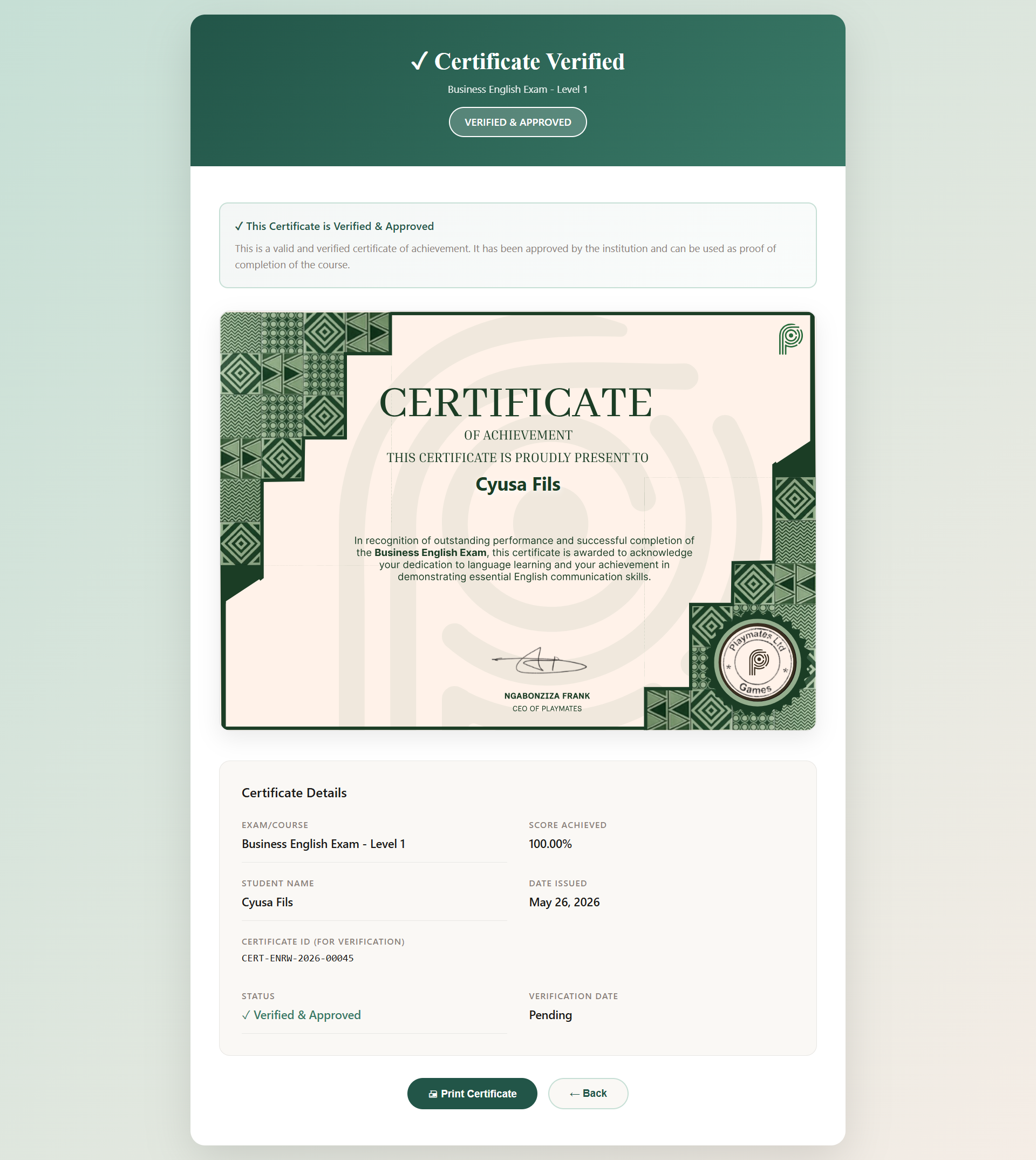 Verified certificate